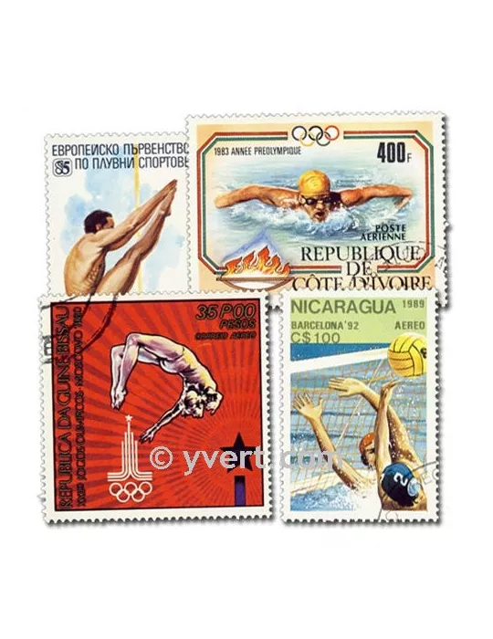 NATATION : pochette de 100 timbres (Oblitérés)