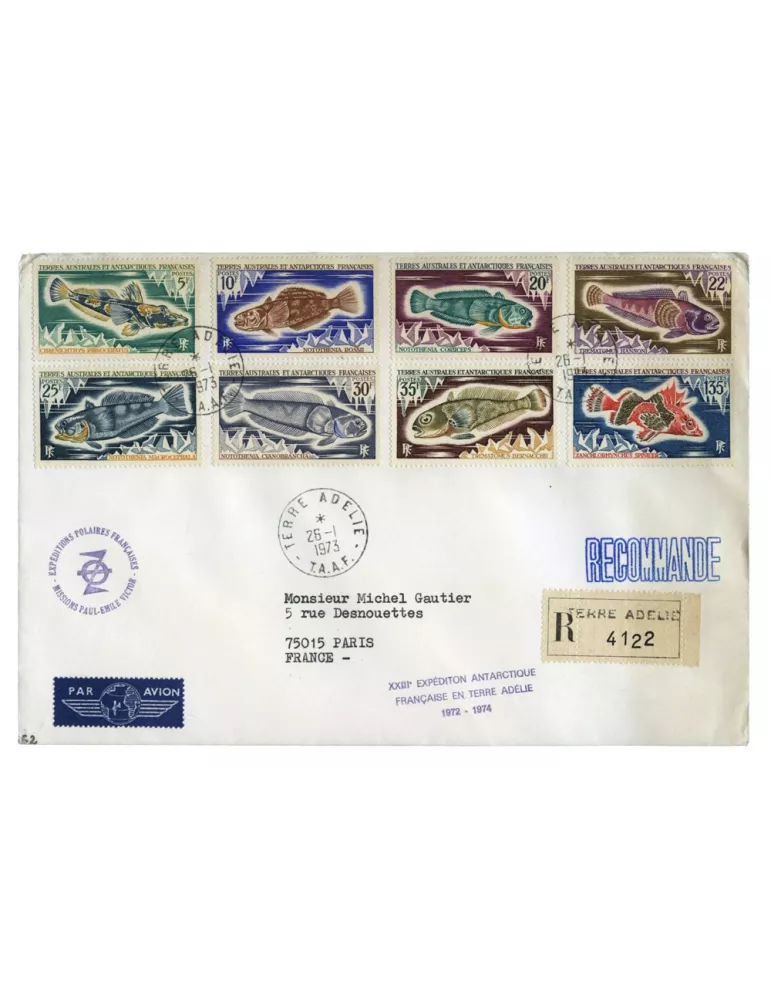 n° 34/38 et n° 43/45 obl. sur lettre -  Timbre TAAF Poste