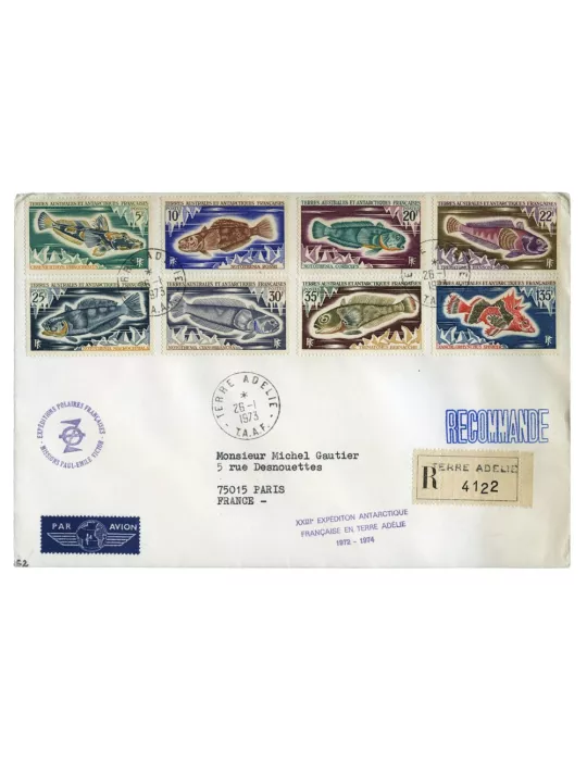 n° 34/38 et n° 43/45 obl. sur lettre -  Timbre TAAF Poste