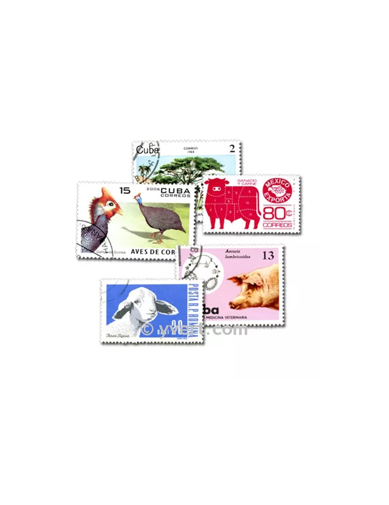 ANIMAUX DE LA FERME : pochette de 100 timbres (Oblitérés)