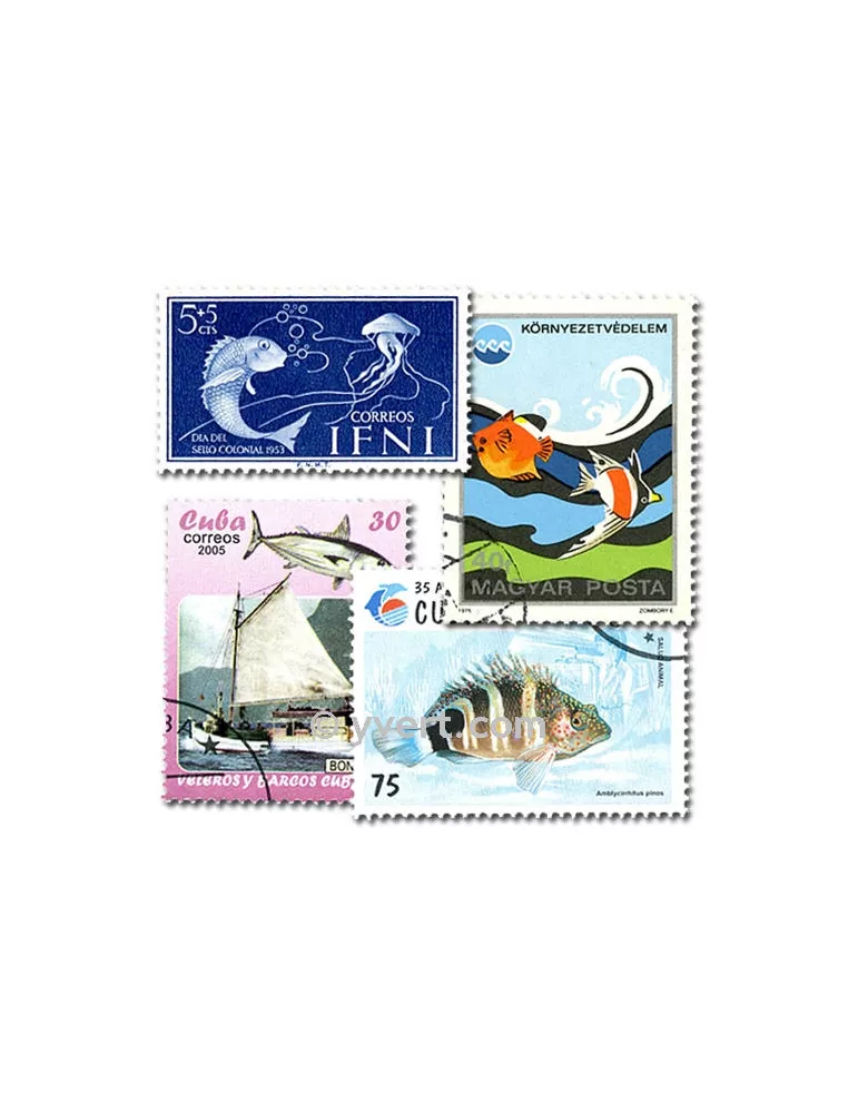 POISSONS : pochette de 100 timbres (Oblitérés)